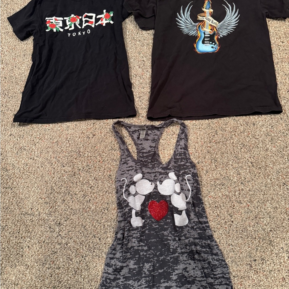 3 Juniors size small shirts- 2 short sleeves & 1 tank top- top